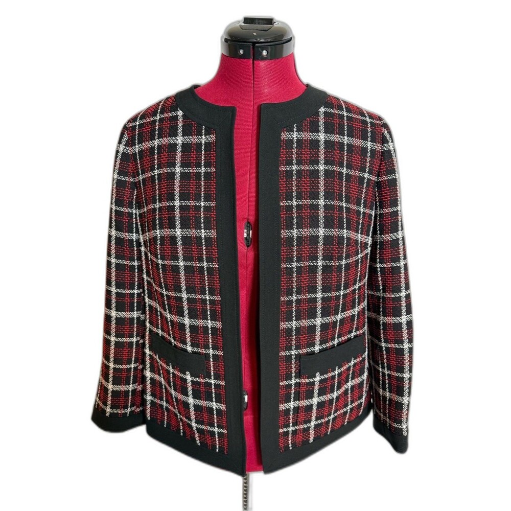 Evan Picone Open-Front Jacket Women's Size 4 Red & Black Plaid 3/4 Sleeves